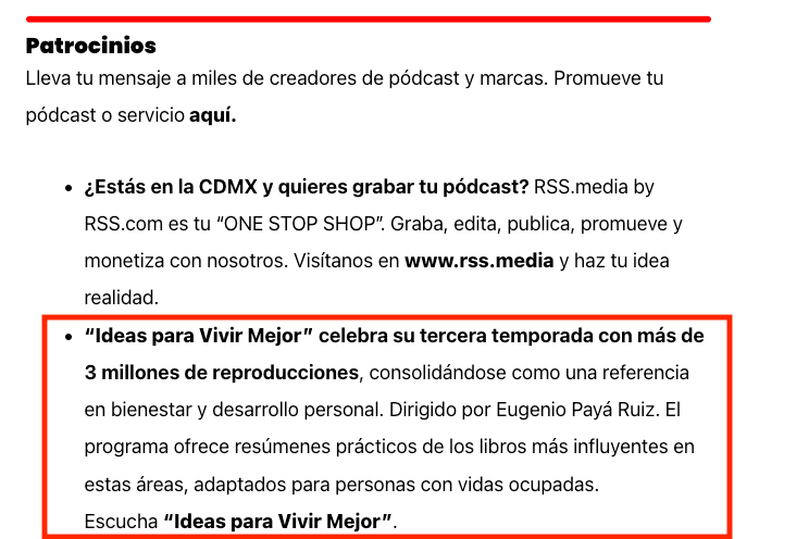 Fragmento de un patrocinio de un podcast en una newsletter